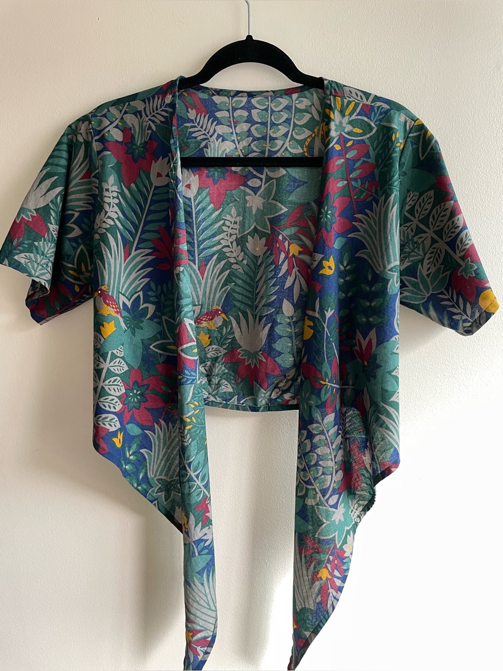 Vintage French Tropical Tie Front Top Bird Jungle Print Cotton Cropped Size 6